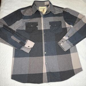 Coastal Pearl Snap Shirt Mens Medium Blue Gray Plaid Western Cowboy Long Sleeve